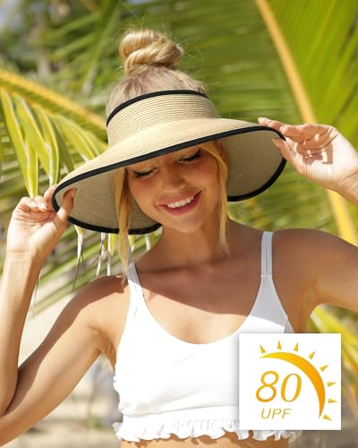 Women's Straw Sun Visor Hat UPF Wide Shade Ponytail Summer Hat (One Size / Beige)