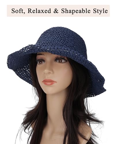 Womens Crochet Straw Sun Hat Foldable Floppy Wide Brim Beach Hat for Summer (One Size / Dark Blue)