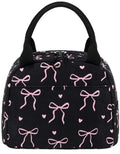 Lunch Bag for Women Cute Corduroy Lunch Tote Bags with Shoulder Strap Reusable Insulated Lunch Box Large Capacity Reusable Insulated Cooler for Work Picnic or Travel (Coquette Bow Black / 10L)