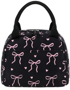 Lunch Bag for Women Cute Corduroy Lunch Tote Bags with Shoulder Strap Reusable Insulated Lunch Box Large Capacity Reusable Insulated Cooler for Work Picnic or Travel (Coquette Bow Black / 10L)