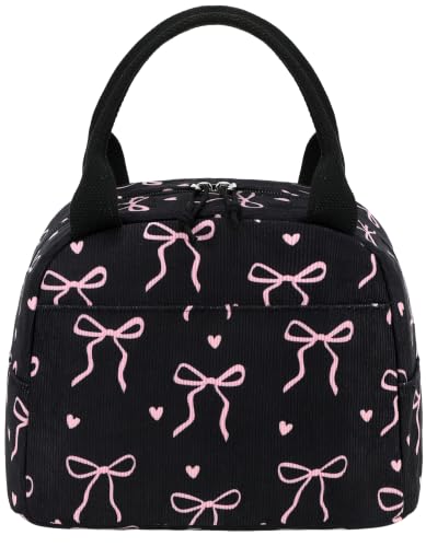 Lunch Bag for Women Cute Corduroy Lunch Tote Bags with Shoulder Strap Reusable Insulated Lunch Box Large Capacity Reusable Insulated Cooler for Work Picnic or Travel (Coquette Bow Black / 10L)