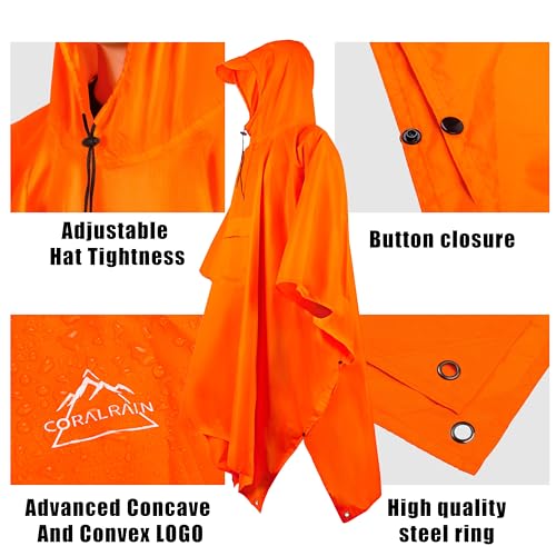 Hooded Rain Poncho Lightweight Waterproof Unisex Raincoat Jacket with Pocket for Men Women Adult (One Size / Orange)
