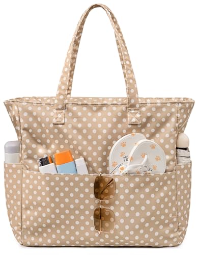 Waterproof Beach Tote Bag for Women Girls with Zipper Foldable Sandproof Pool Swim Bag Travel Carry On Gym (Khaki White Dotted)