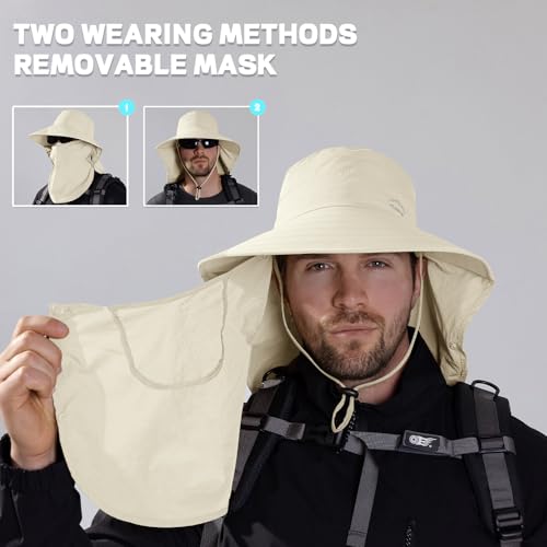 Sun Hat for Men Women with Neck Flap& Removable Face Cover Wide Brim (1pack-ivory)