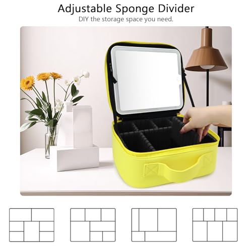 Travel Makeup Bag with LED Mirror Travel Makeup Organizer with 3 Lighted Settings (Yellow / With LED Mirror Only)