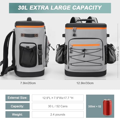 Large 52 Can Insulated Waterproof Leakproof Cooler Backpack (Grey)