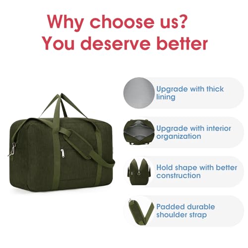 Carry on luaggage 22x14x9 Airlines Approved Foldable Carry on Bag Travel Duffel Packable Duffle Overnight for Women and Men 40L (Z-Army Green / 40L)