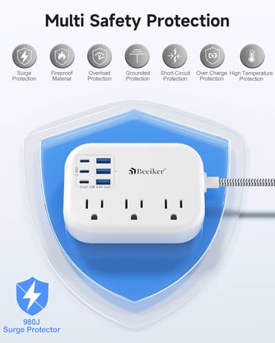 Short Extension Cord 2 Foot Travel Power Strip 6 USB 3 Outlets (2 FT-24W-980J-White)