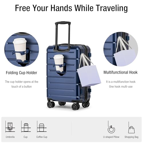 Carry On Luggage 22x14x9 Airline Approved Hardshell Carry On Suitcases with Wheels Travel Rolling 20 Inch Luggage with Cup Holder for Women Men (Navy / Carry-On 22-Inch（non-expandable）)
