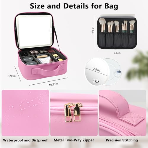 Travel Makeup Bag with LED Mirror and 10x magnifying glass with 3 Lighted Settings (Dark Pink / With LED Mirror and 10x Magnifying Glass)
