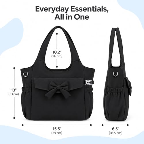 Tote Bag for Women with 15.6" Laptop Sleeve and Wet Compartment (Black Bow)