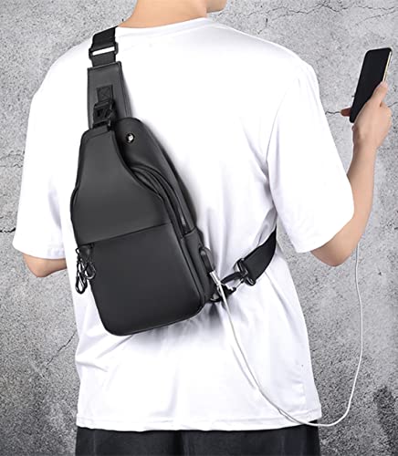 Waterproof Sling Bags Mens Shoulder Crossbody Backpack with USB Charging Port& Headphone (A-black)