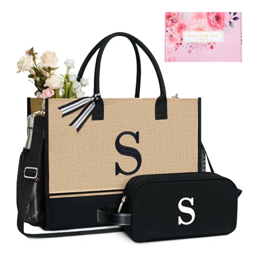 Personalized Initial Jute Tote Bag with 5 Pockets (Black/Brown - S)