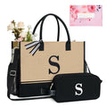 Personalized Initial Jute Tote Bag with 5 Pockets (Black/Brown - S)