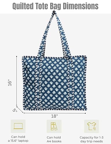 100% Cotton Quilted Tote Bag For Women (Indigo Blue White Chalk Block Print)