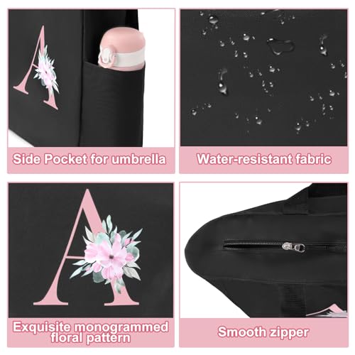 Tote Bag, A-Z Initial Monogrammed Waterproof Tote Bag, Bridesmaid Gifts for Women, Black and Pink (H, Black) (Black)