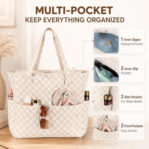 Beach Bag Waterproof Sandproof Women Beach Tote Pool Bag with Zipper for Gym Grocery Travel with Wet Pocket (Khaki White)