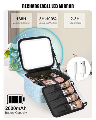 Travel Makeup Bag with LED Mirror for Women Girls (02-White Flower / 1-Small)