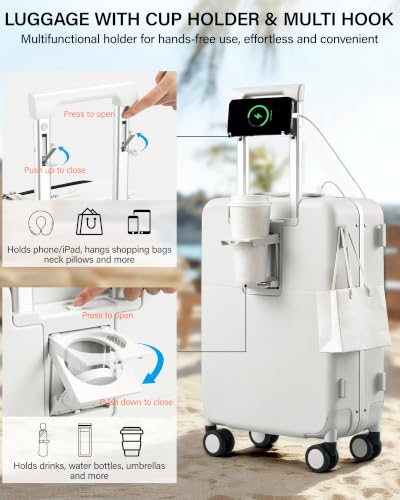 24 Inch Top Opening Checked Luggage with Cup Holder and USB Ports (Smoke White / 24 Inch Pro)