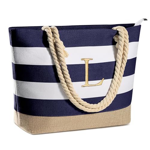 Women's Initial Personalized Waterproof Zippered Cotton Tote Bag (L / Dark Blue)