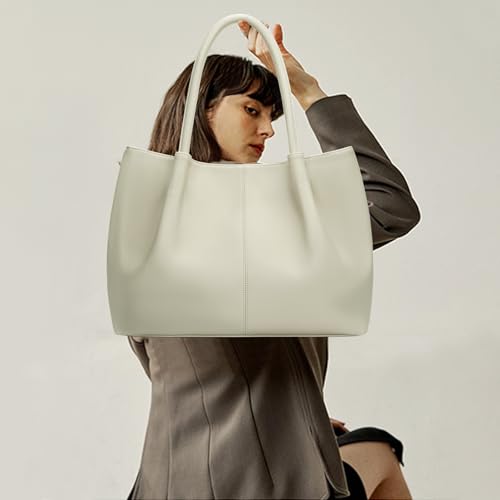 Tote Bag for Women Vegan Leather Shoulder Purse Trendy Travel Bag (Cream White)