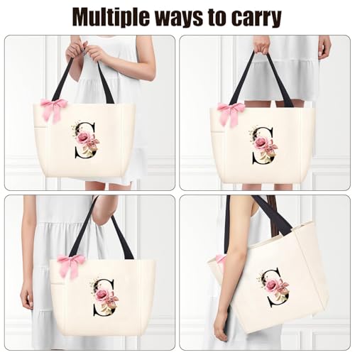 Tote Bag, A-Z Initial Monogrammed Waterproof Tote Bag, Bridesmaid Gifts for Women, Black and Pink (W, Beige) (Beige)