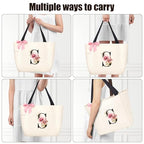Tote Bag, A-Z Initial Monogrammed Waterproof Tote Bag, Bridesmaid Gifts for Women, Black and Pink (W, Beige) (Beige)