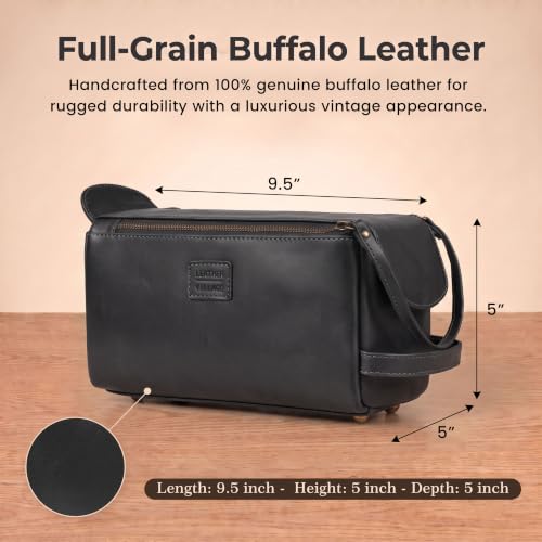 Genuine Leather Toiletry Travel Bag For Men & Women (Distressed Black / 10"X5")