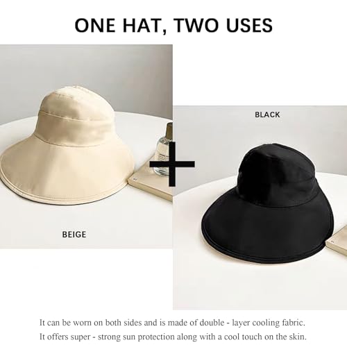 Sun Hats for Womens Wide Brim UV Protection Fishing Hats Packable Reversible Hollow Top Sun Hat for Women Hat for Ponytail Black (Black)