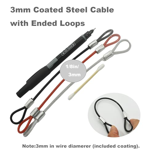 1/8"(3mm) Wire Diam Stainless Steel Cable Eyelets Loops Short Rope Lanyard Safety Tether Chain Lock with Vinyl Coated Cover, 15Pcs 8" Long Black (8 inches - 15 Pcs / Black-B)