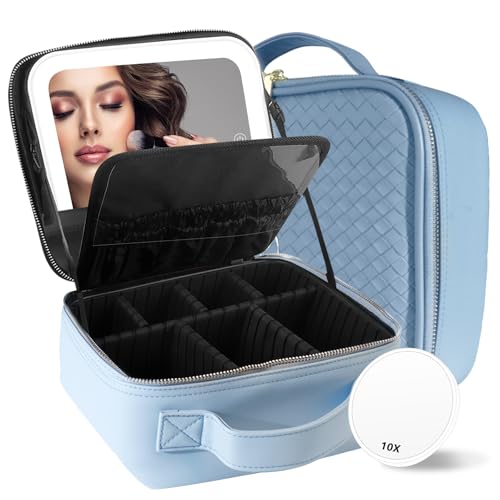 Travel Makeup Bag Cosmetic Bag Makeup Organizer Bag with Lighted Mirror (Azure Blue / Woven)