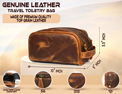 10" Premium Leather Toiletry Travel Pouch With Waterproof Lining Black Color (Copper)