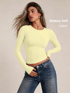 Womens Long Sleeve Shirts Basic Compression Tops Creamy Yellow XL (X-Large / Creamy Yellow)