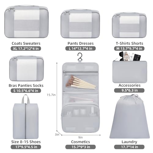 8 Set Packing Cubes Various Sizes Packing Organizer for Travel Accessories Luggage Carry On Suitcase (08-Light Grey / 8 Set-middle Mesh)