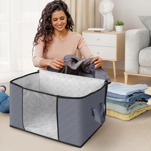 6 Pack Storage Bags for Clothes Blanket Storage Bins with Lids (6 Pack-60l / Grey)