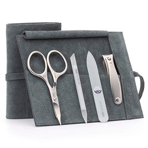4pc Manicure Nail Care Kit (4-Pc: Clipper, Combo Scissor, Travel File / Light Gray Suede Roll)