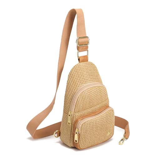 Faux Straw Crossbody Bags for Women Small RFID Summer Sling Bag (Pure Khaki)