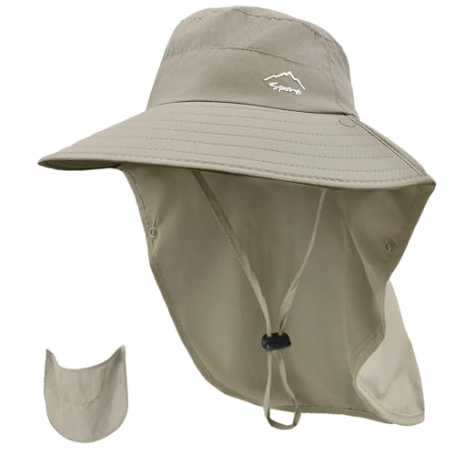 Sun Hat for Men Women with Neck Flap& Removable Face Cover Wide Brim (1pack-khaki)