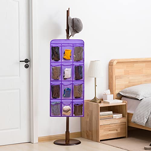 Dual Sided Hanging Shoe Organizer for Closet with Rotating Hanger Hanging Shoe Rack Holder with 24 Large Pockets (PURPLE)