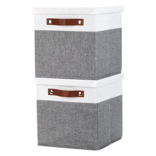 Foldable Fabric Storage Bins with Lids (10.5×10.5×10.5 / White&Grey)