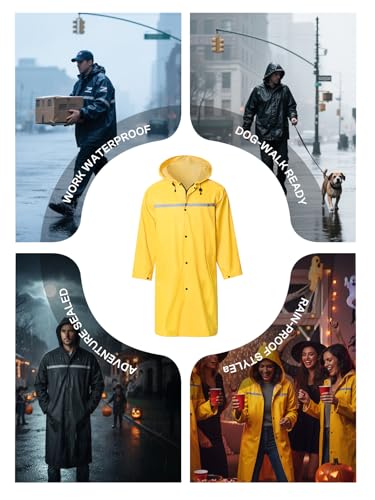 Mens Long Hooded Safety Rain Jacket Waterproof Emergency Raincoat Poncho (XX-Large / Yellow)