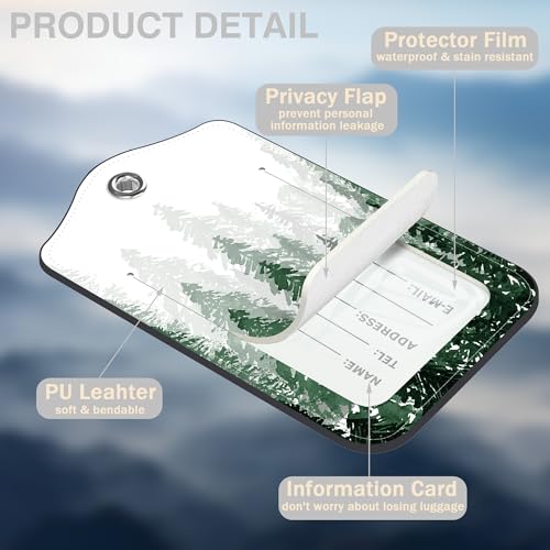 2 Pack Luggage Tags for Suitcases Watercolor Foggy Forest Leather Luggage Tags Privacy Cover ID Label with Stainless Steel Loop and Address Card for Women Men Travel Bag Backpack (Watercolor Foggy Forest)