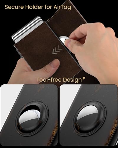 Mens Leather RFID Blocking Minimalist Slim Wallet for AirTag (Bronze)