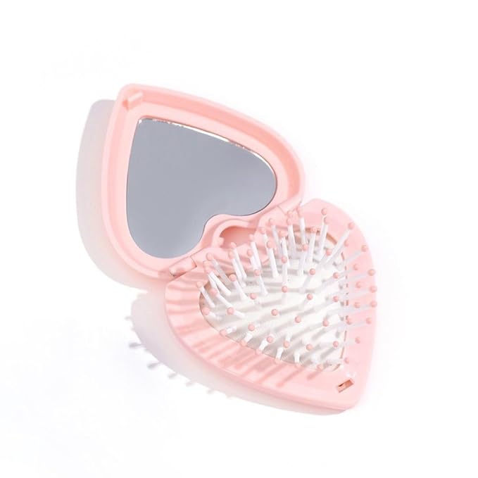 Pink Heart Hair Brush With Mirror, Air Cushion Folding Brush, and Massage Styling Tools for Women and Girls