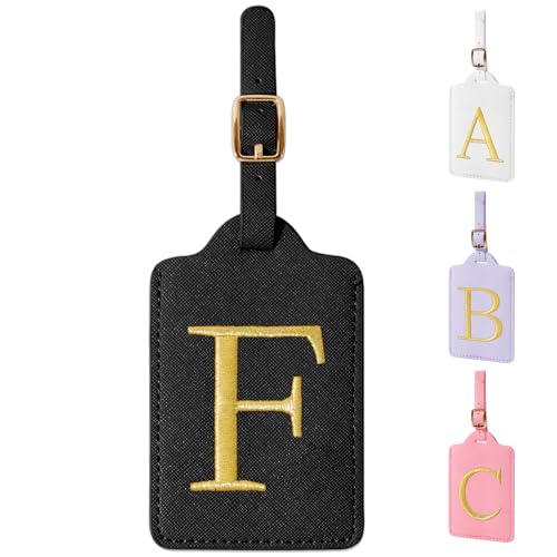 Personalized Initial Luggage Tags for Suitcase TSA Approved (Black Leather,glod Letter / F)