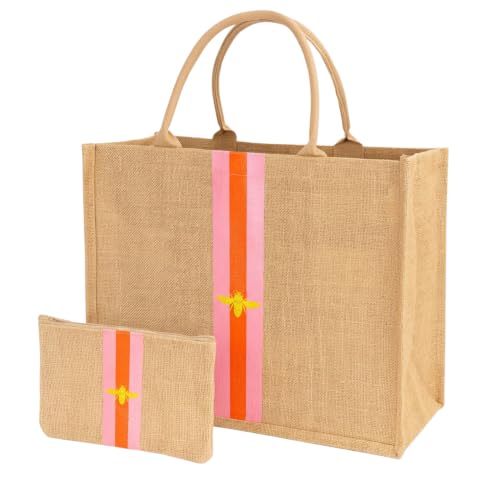 Large Beach Bag Jute Woven Pink and Red. Beach Bags for women. Versatile tote use as a Pool bag or Work tote (Red)