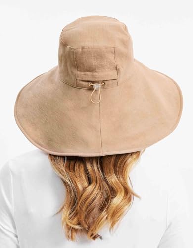 Women's Ultra Wide Cotton Linen Hat UPF 50+ (Small-Medium / Desertsand / Beige)