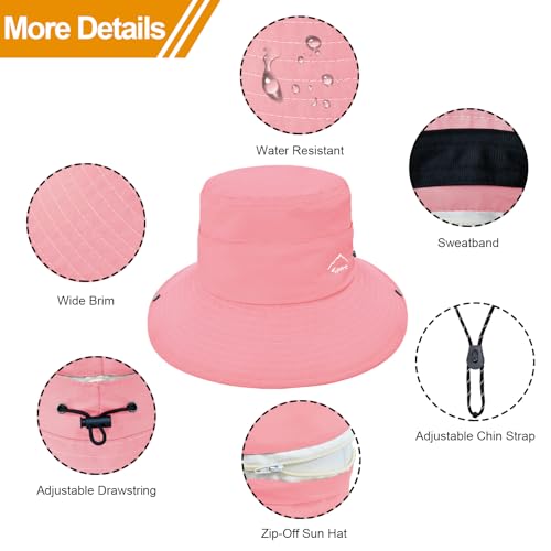 Sun Hats for Women Bucket Hat UV Protection Fishing Hat Wide Brim Safari Hats 2 in 1 Zip (1pack-pink)