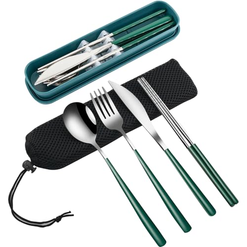 4 Piece Portable Travel Utensils Set with Case 18 (Fork Spoon Knife Chopstick / Deep Green)