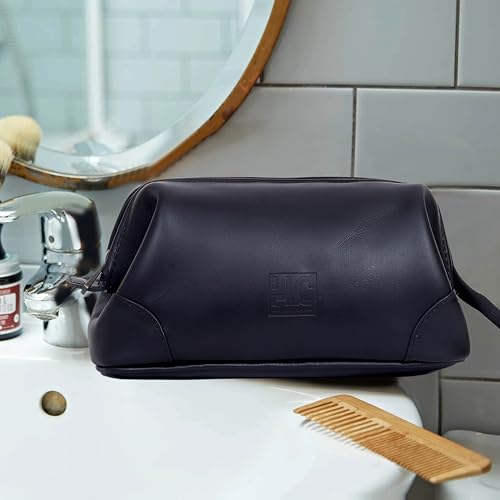 Leather Toiletry Bag for Men Best Gift Premium Genuine Dopp Kit Shaving Kit Organizer Travel Kit Pouch Bag 10 inch Size (Black)
